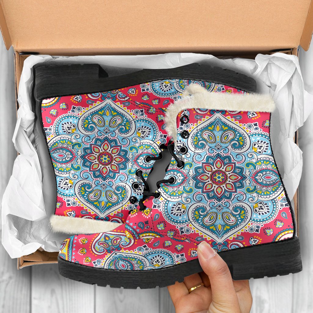 Groovy Floral Paisley Mandala Faux Fur Leather Boots for the Fashionable Hippie - 5