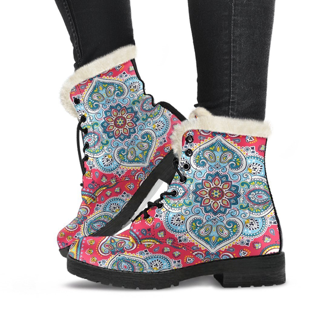 Groovy Floral Paisley Mandala Faux Fur Leather Boots for the Fashionable Hippie - 1