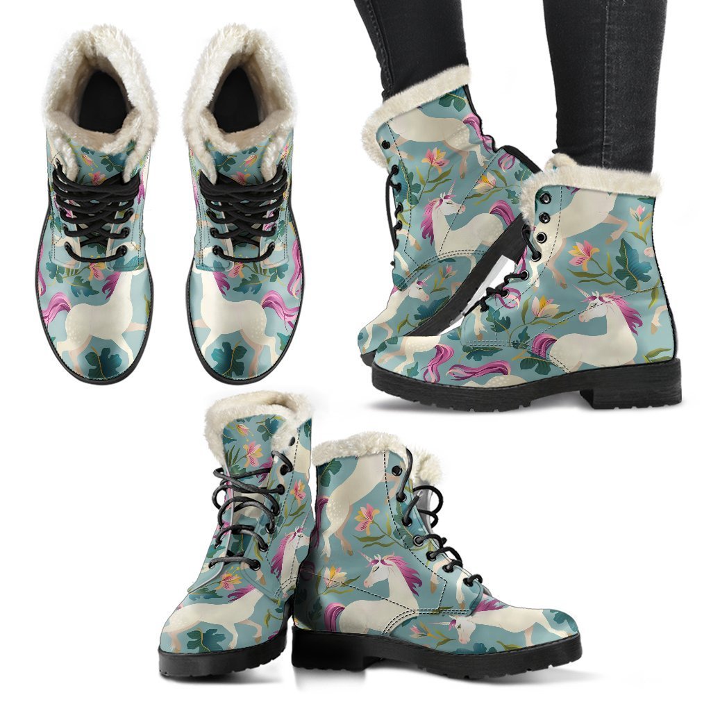 Floral Unicorn Pattern Print Faux Fur Leather Boots for the Ultimate Hippie Style - 2