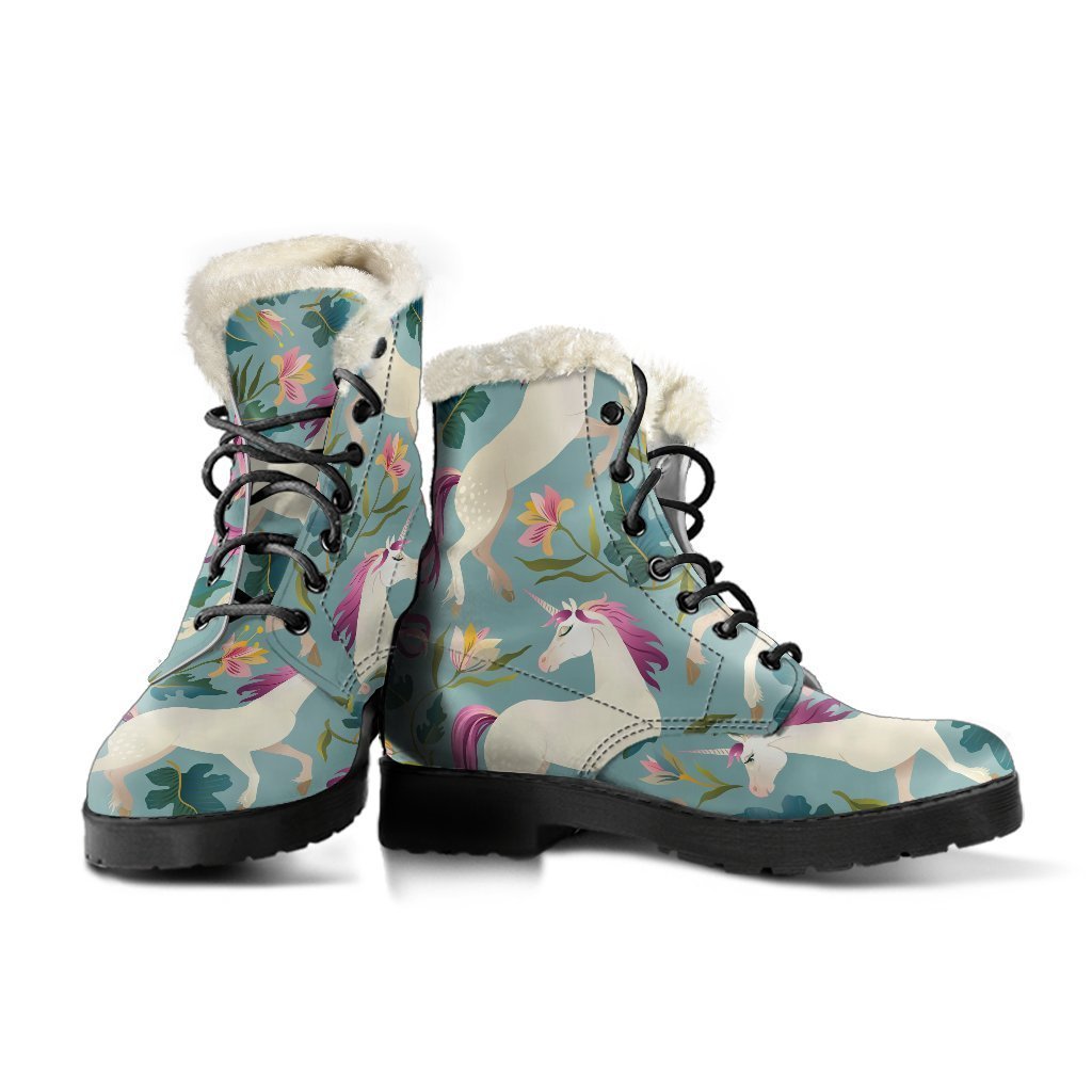 Floral Unicorn Pattern Print Faux Fur Leather Boots for the Ultimate Hippie Style - 3