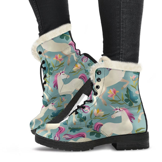 Floral Unicorn Pattern Print Faux Fur Leather Boots for the Ultimate Hippie Style - 1