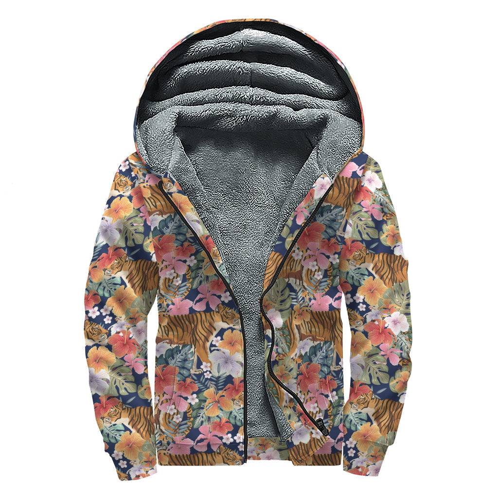 Groovy Flower and Tiger Pattern Print Sherpa Lined Zip Up Hoodie - 1