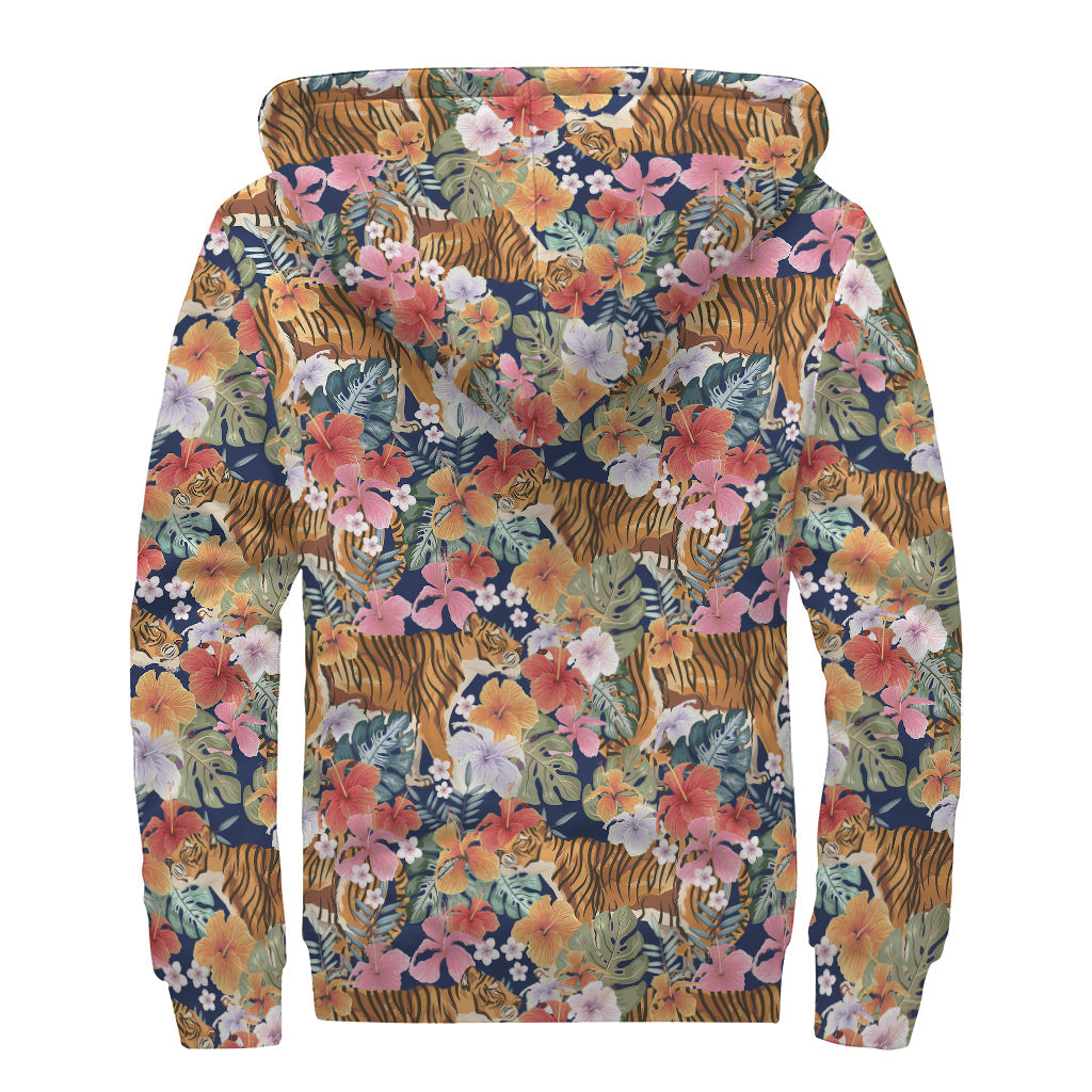 Groovy Flower and Tiger Pattern Print Sherpa Lined Zip Up Hoodie - 2