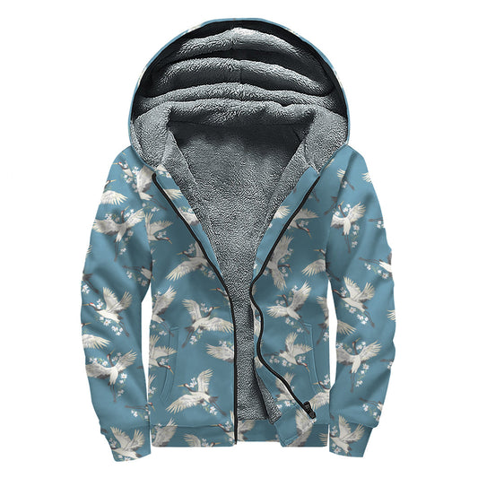 Flying Crane Bird Pattern Sherpa-Lined Zip Up Hoodie for the Free-Spirited Hippie - 1