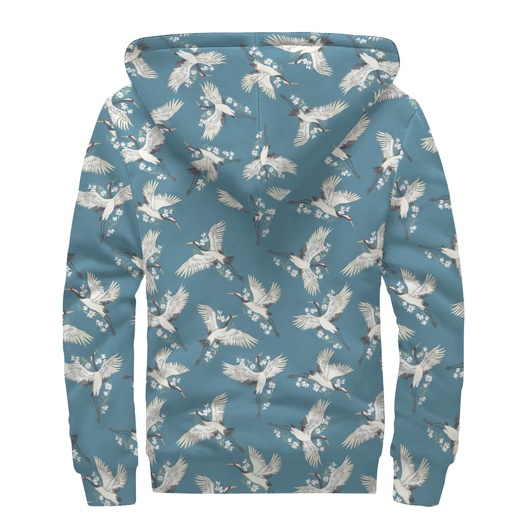 Flying Crane Bird Pattern Sherpa-Lined Zip Up Hoodie for the Free-Spirited Hippie - 2