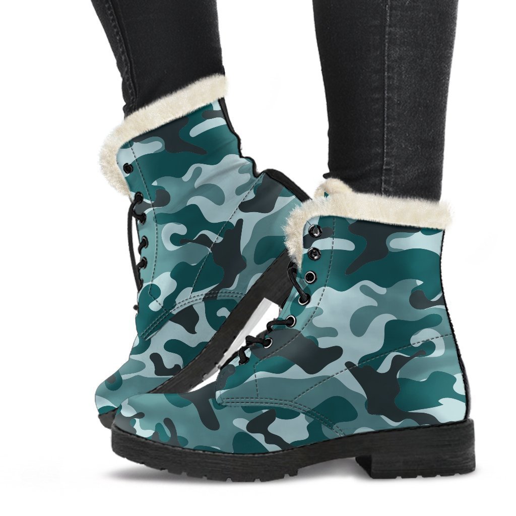 Groove in Style with Forest Green Camouflage Print Faux Fur Leather Boots - 1