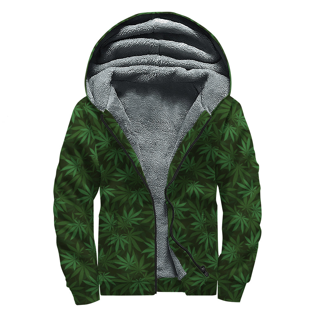 Forest Green Cannabis Leaf Print Sherpa-Lined Zip Up Hoodie: Embrace Your Inner Hippie Style - 1