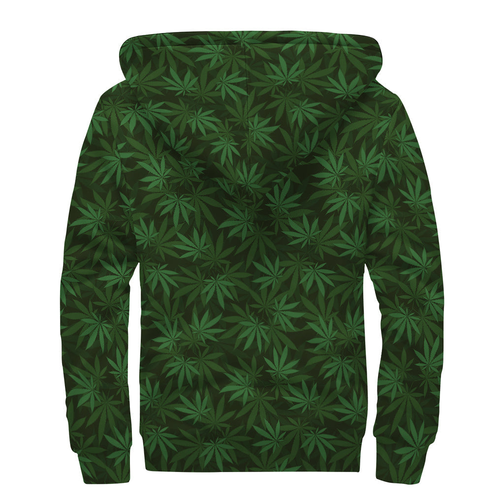 Forest Green Cannabis Leaf Print Sherpa-Lined Zip Up Hoodie: Embrace Your Inner Hippie Style - 2