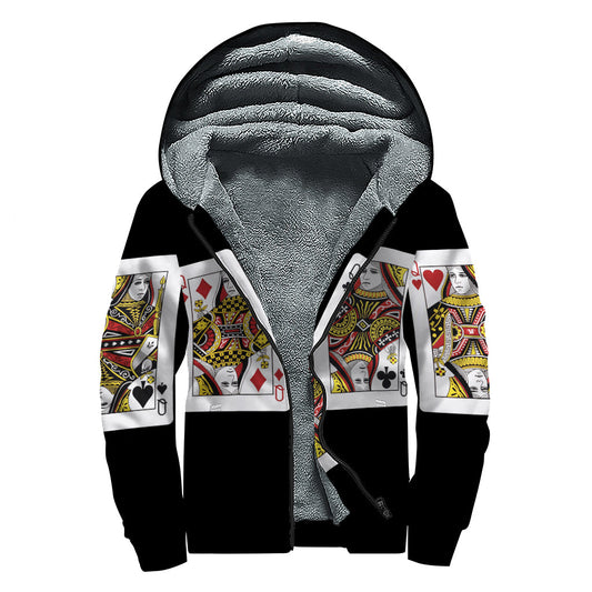 Four Queens Playing Cards Print Sherpa Lined Zip Up Hoodie for Boho Hippies - 1