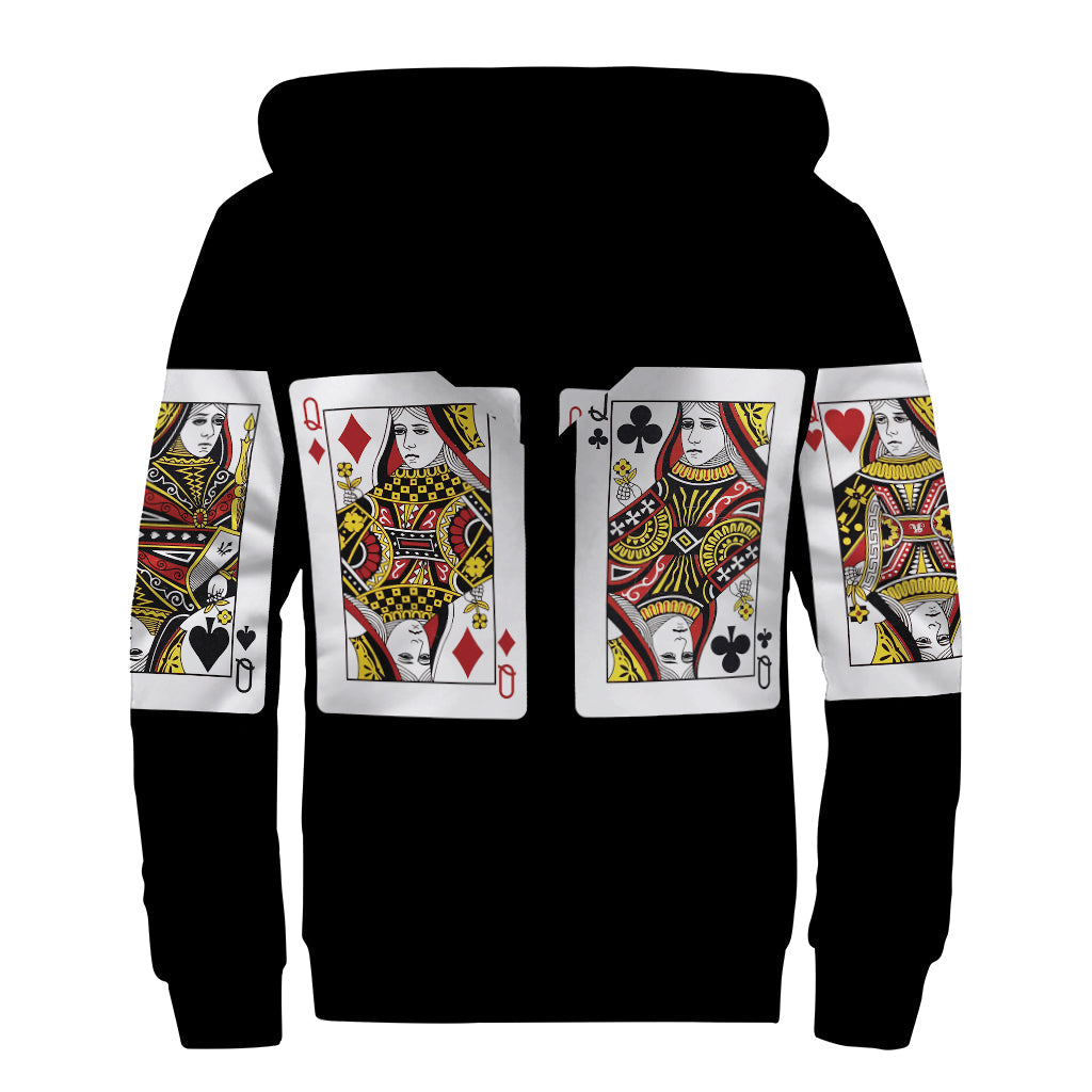 Four Queens Playing Cards Print Sherpa Lined Zip Up Hoodie for Boho Hippies - 2