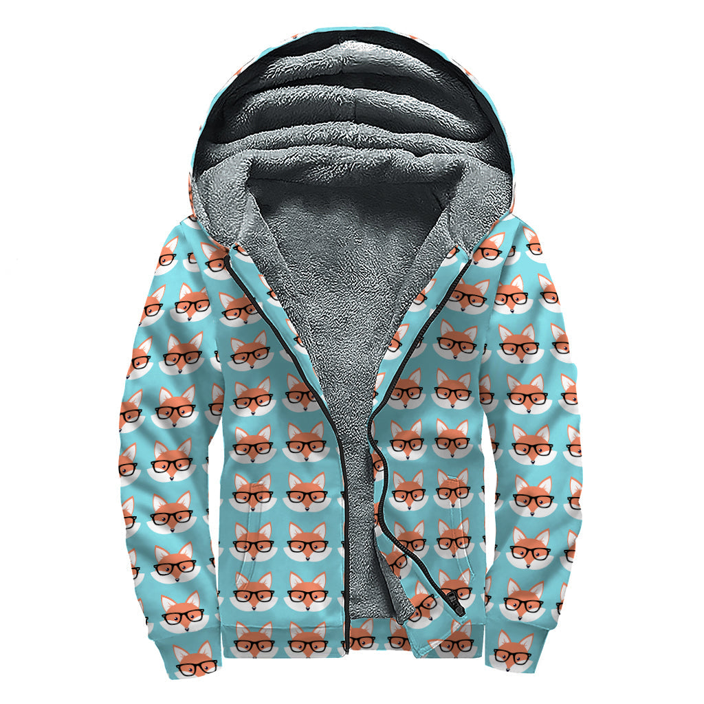 Fox with Glasses Pattern Print Sherpa Lined Zip Up Hoodie: A Hippie's Dream - 1