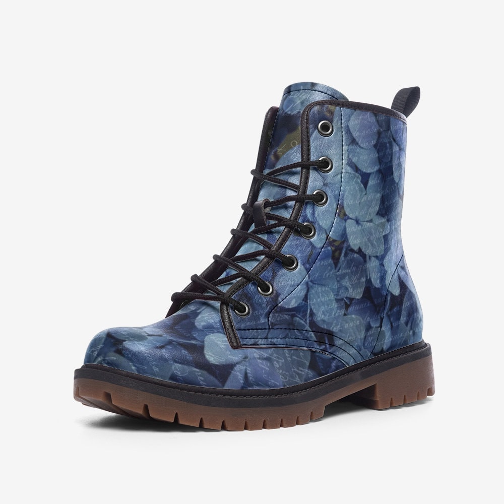 Emerald Blossoms - French Blue Hydrangea Casual Leather Lightweight Boots For Hippies