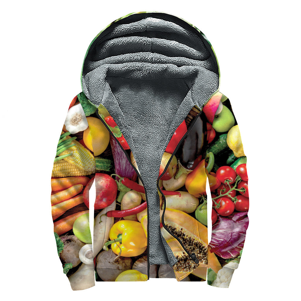 Fresh Fruits and Vegetables Print Sherpa Lined Zip Up Hoodie for Hippie Style Enthusiasts - 1