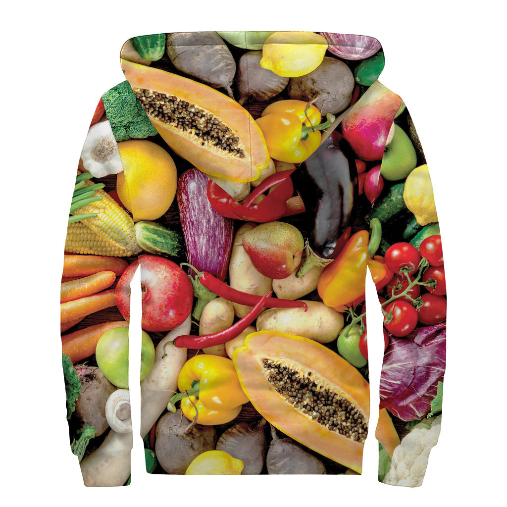 Fresh Fruits and Vegetables Print Sherpa Lined Zip Up Hoodie for Hippie Style Enthusiasts - 2