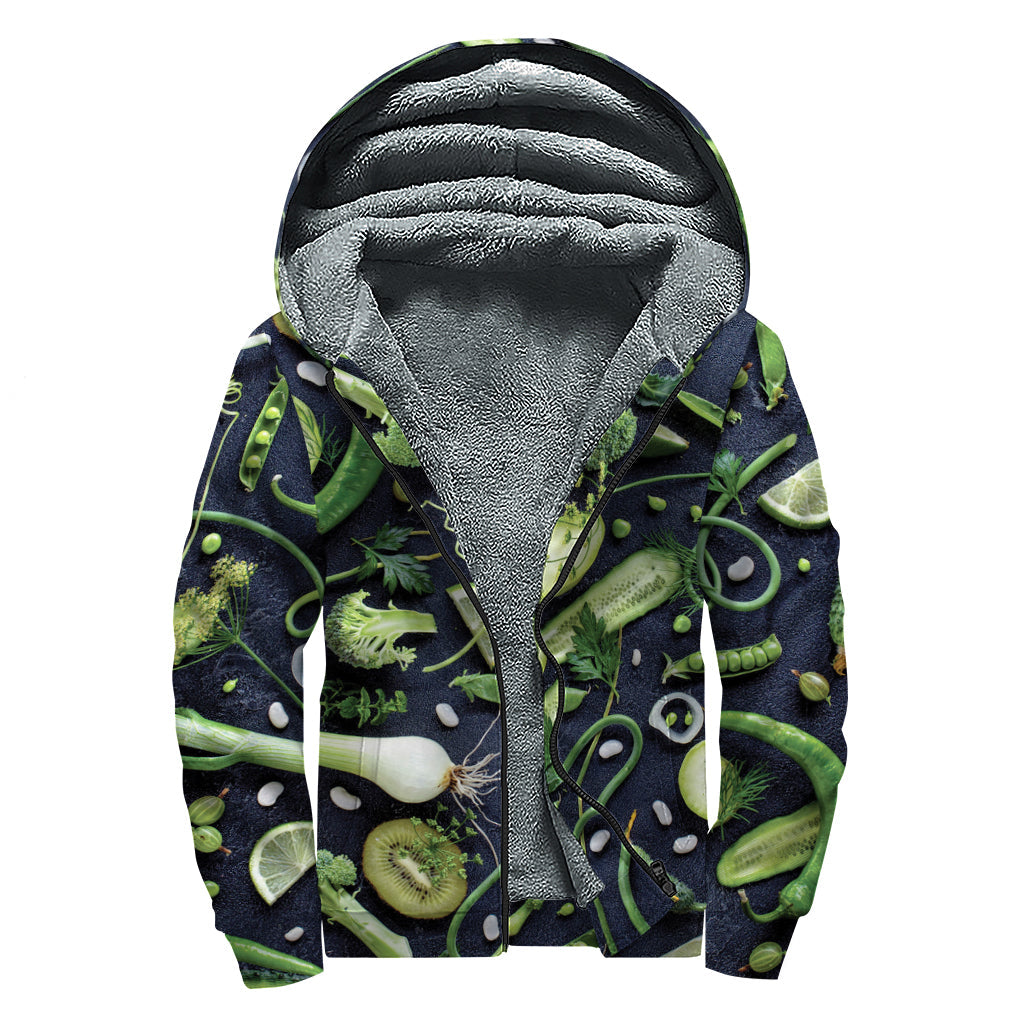 Fresh Green Fruit and Vegetables Print Sherpa Lined Zip Up Hoodie for Groovy Hippies - 1