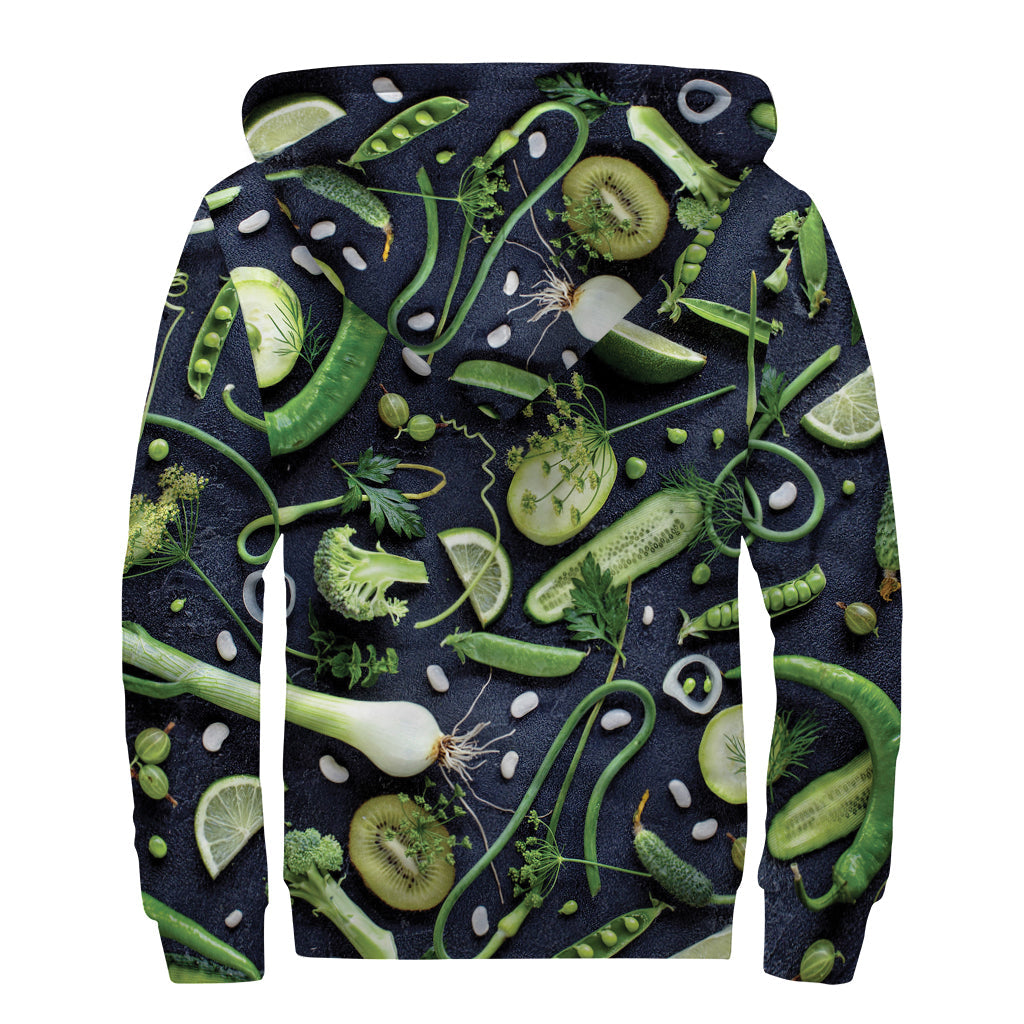 Fresh Green Fruit and Vegetables Print Sherpa Lined Zip Up Hoodie for Groovy Hippies - 2