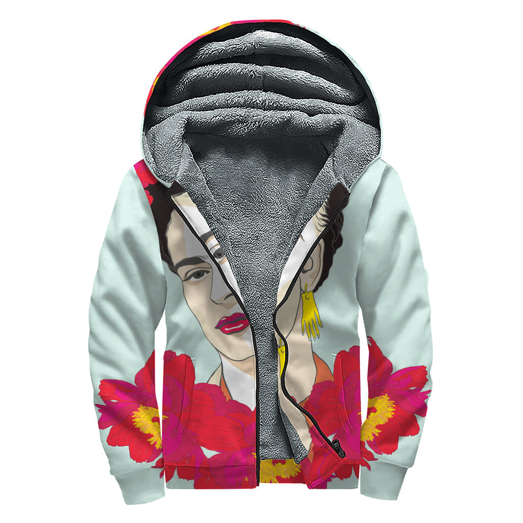 Groovy Frida Kahlo & Floral Print Sherpa Lined Zip Up Hoodie for Hippies - 1