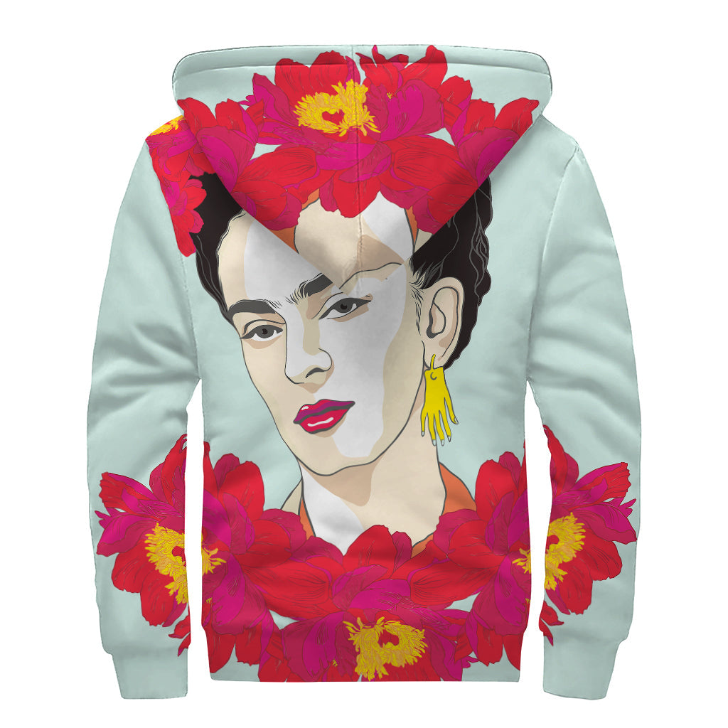 Groovy Frida Kahlo & Floral Print Sherpa Lined Zip Up Hoodie for Hippies - 2