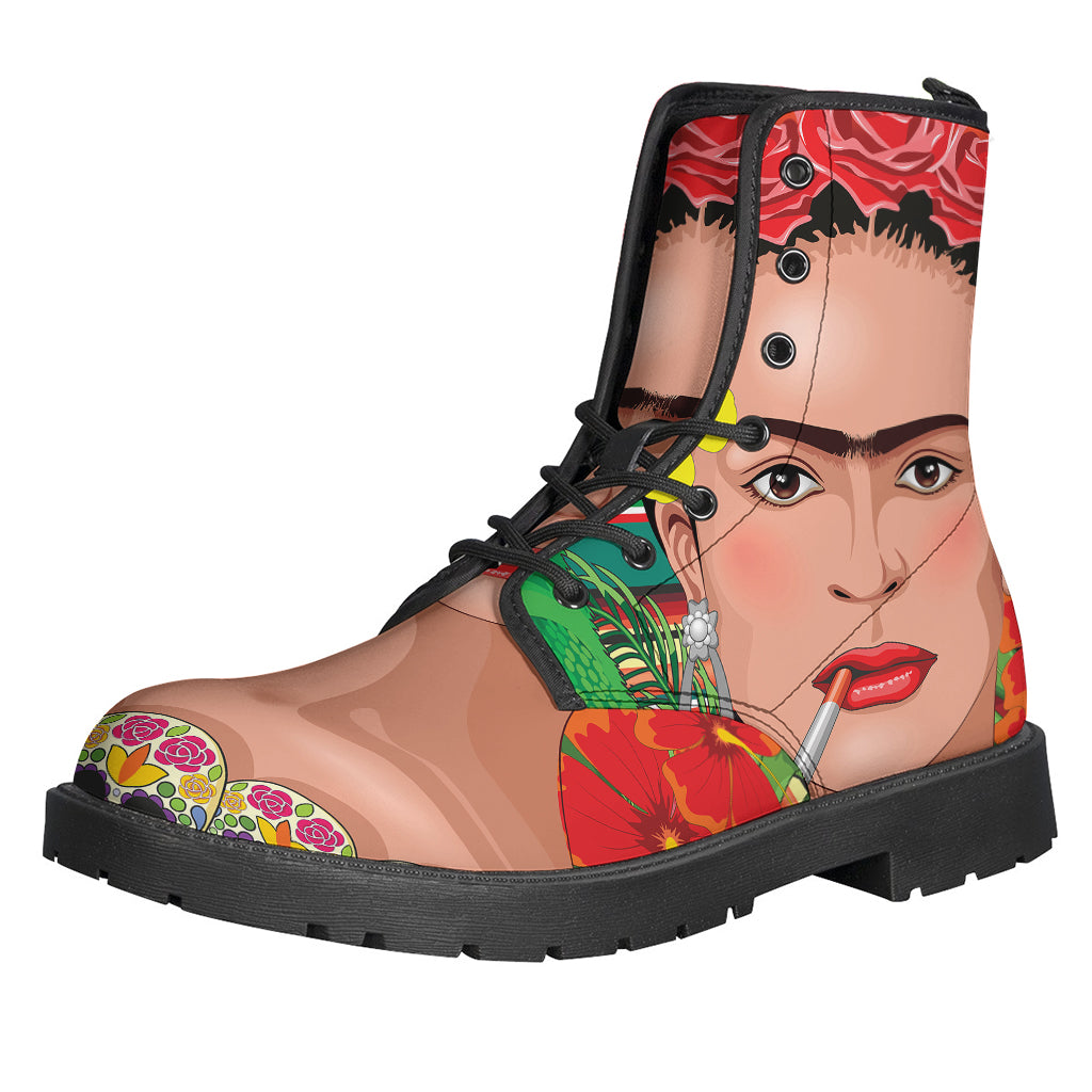 Bohemian Vibes: Frida Kahlo Serape Print Leather Boots for Stylish Hippies - 1