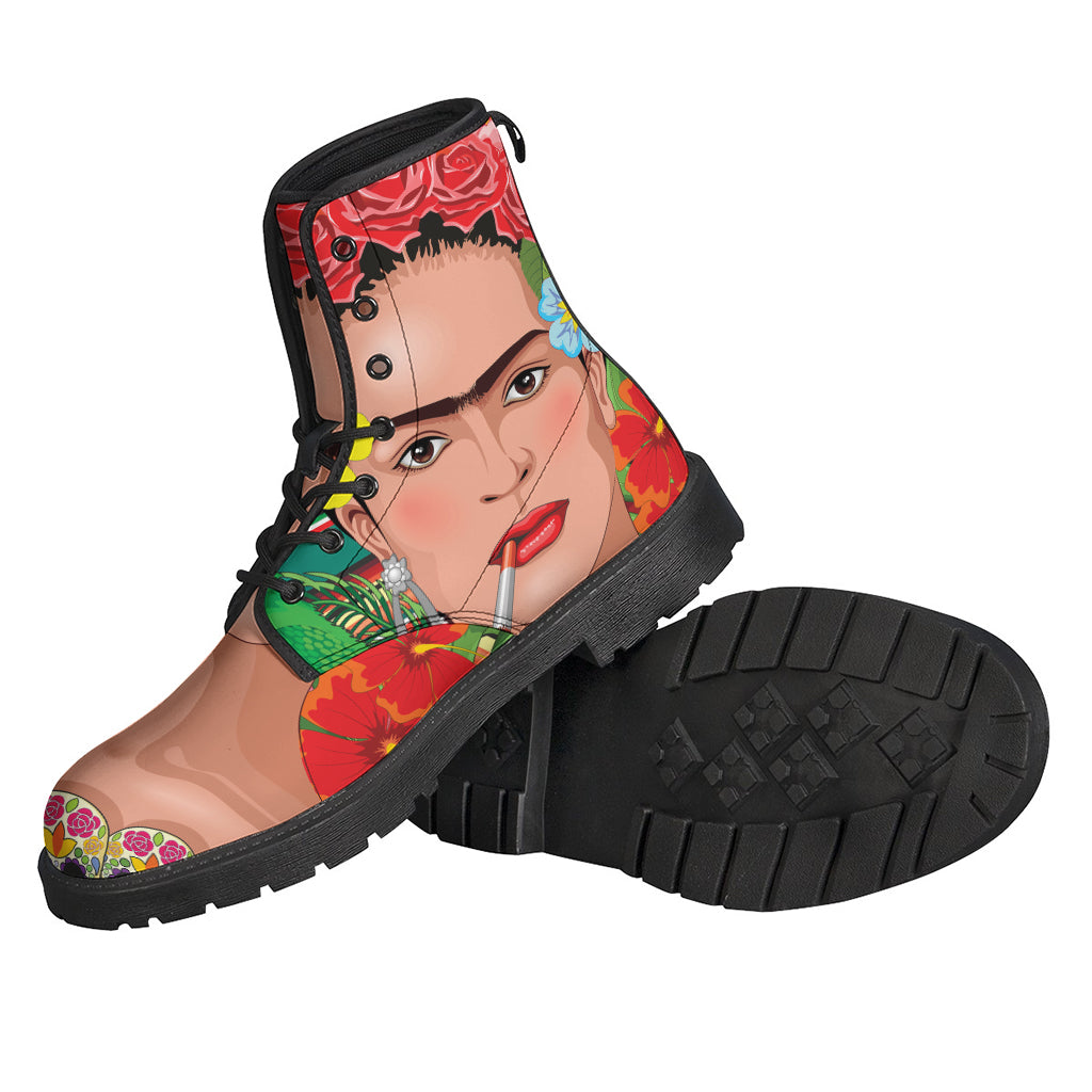 Bohemian Vibes: Frida Kahlo Serape Print Leather Boots for Stylish Hippies - 2