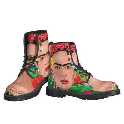 Bohemian Vibes: Frida Kahlo Serape Print Leather Boots for Stylish Hippies - 3