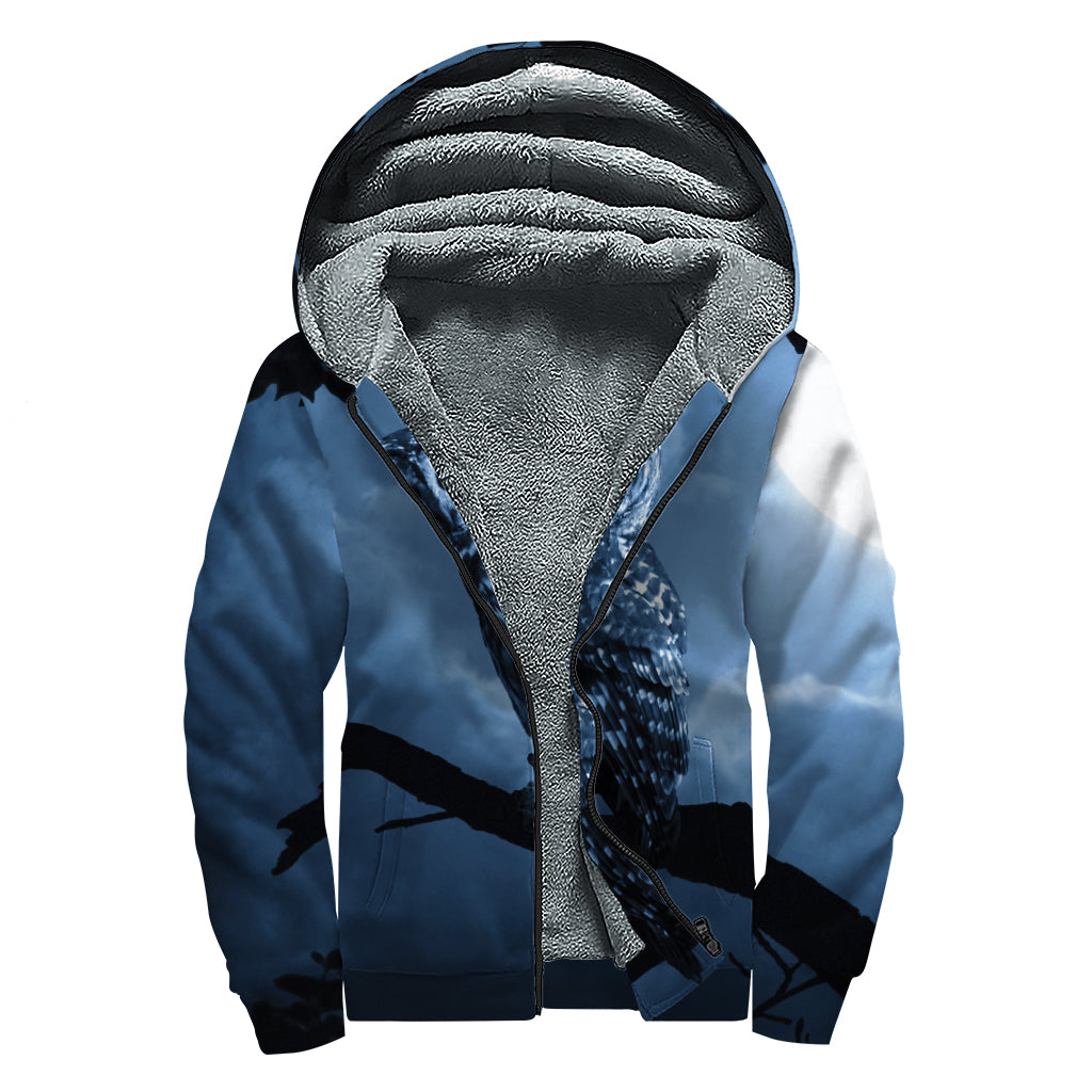 Groovy Full Moon Night Owl Print Sherpa Lined Zip Up Hoodie for the Free-Spirited Hippie - 1