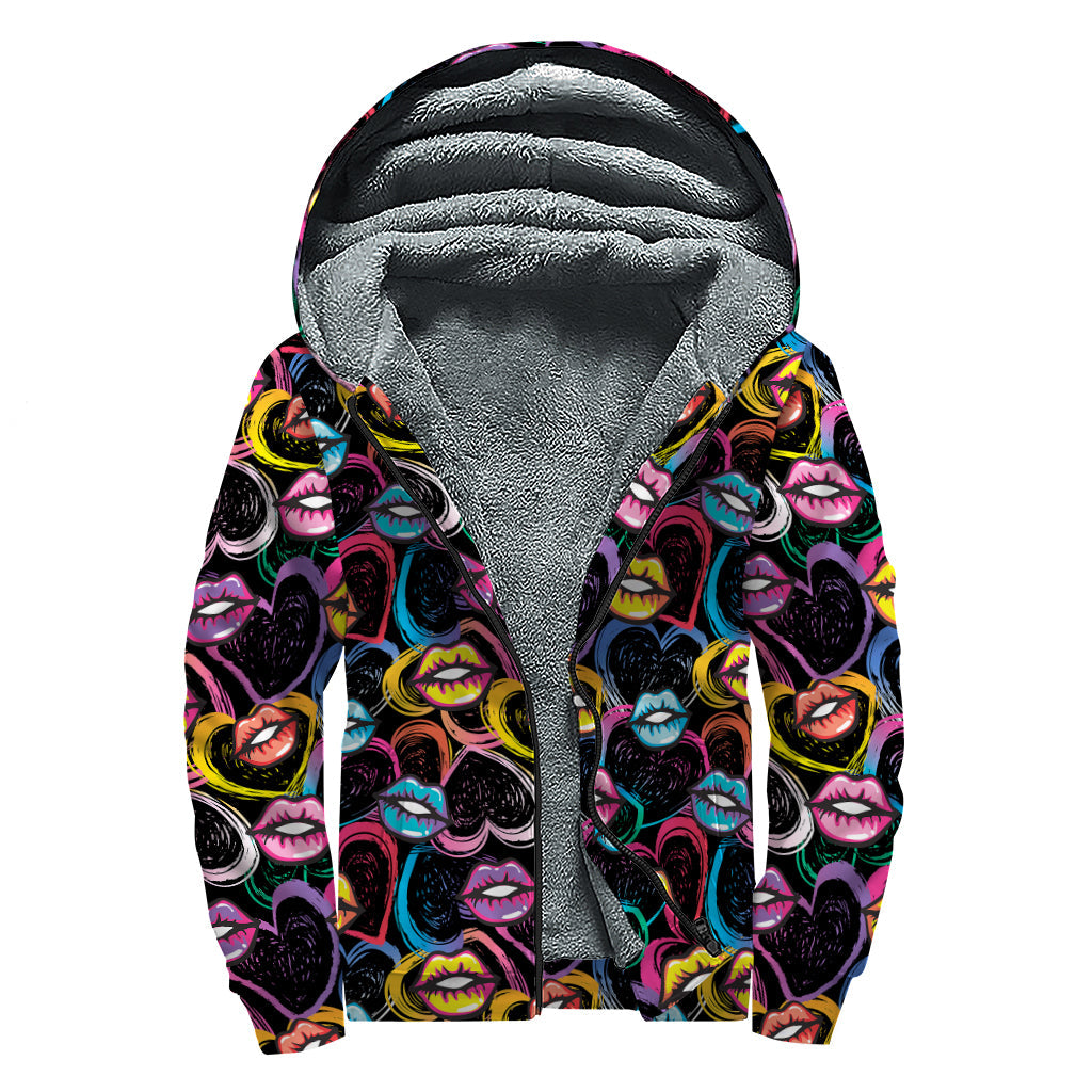 Funky Kiss Lips Pattern Sherpa Lined Zip Up Hoodie for Hippie Fashionistas - 1