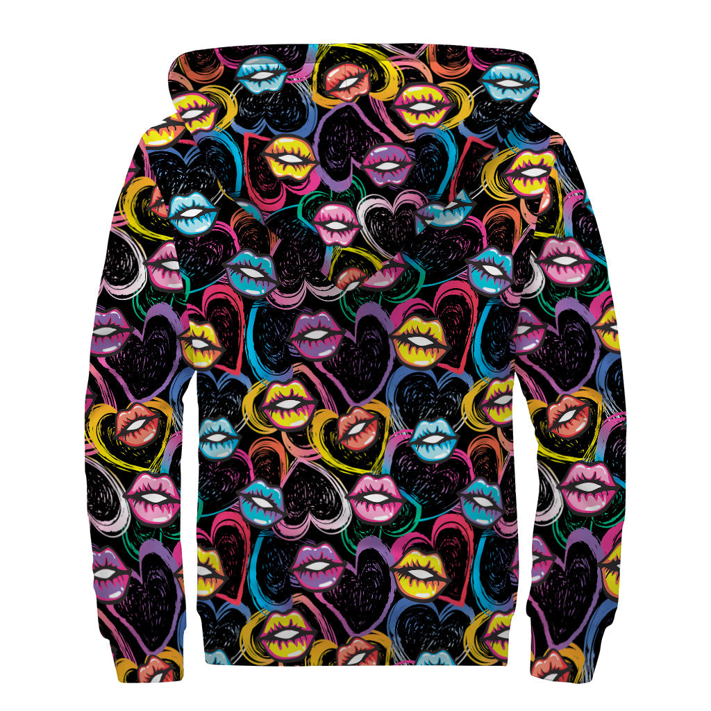 Funky Kiss Lips Pattern Sherpa Lined Zip Up Hoodie for Hippie Fashionistas - 2