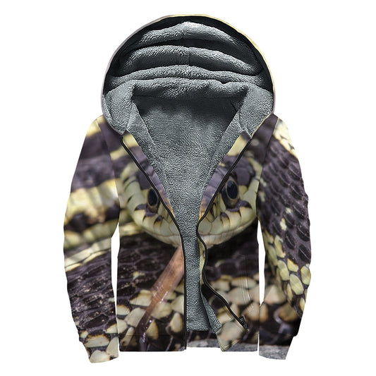 Garter Snake Print Sherpa Lined Zip Up Hoodie for Groovy Hippies - 1