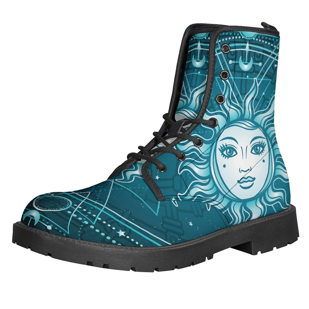 Bohemian Bliss Leather Boots: Geometric Celestial Sun and Moon Print - 1