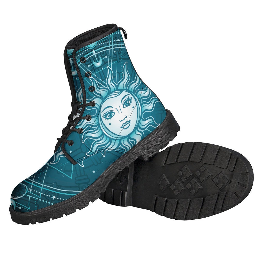 Bohemian Bliss Leather Boots: Geometric Celestial Sun and Moon Print - 2