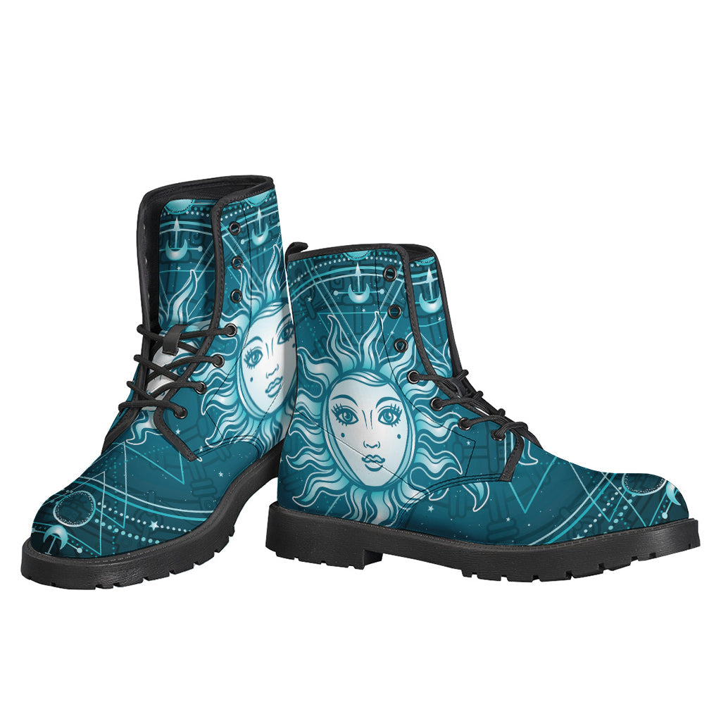 Bohemian Bliss Leather Boots: Geometric Celestial Sun and Moon Print - 3