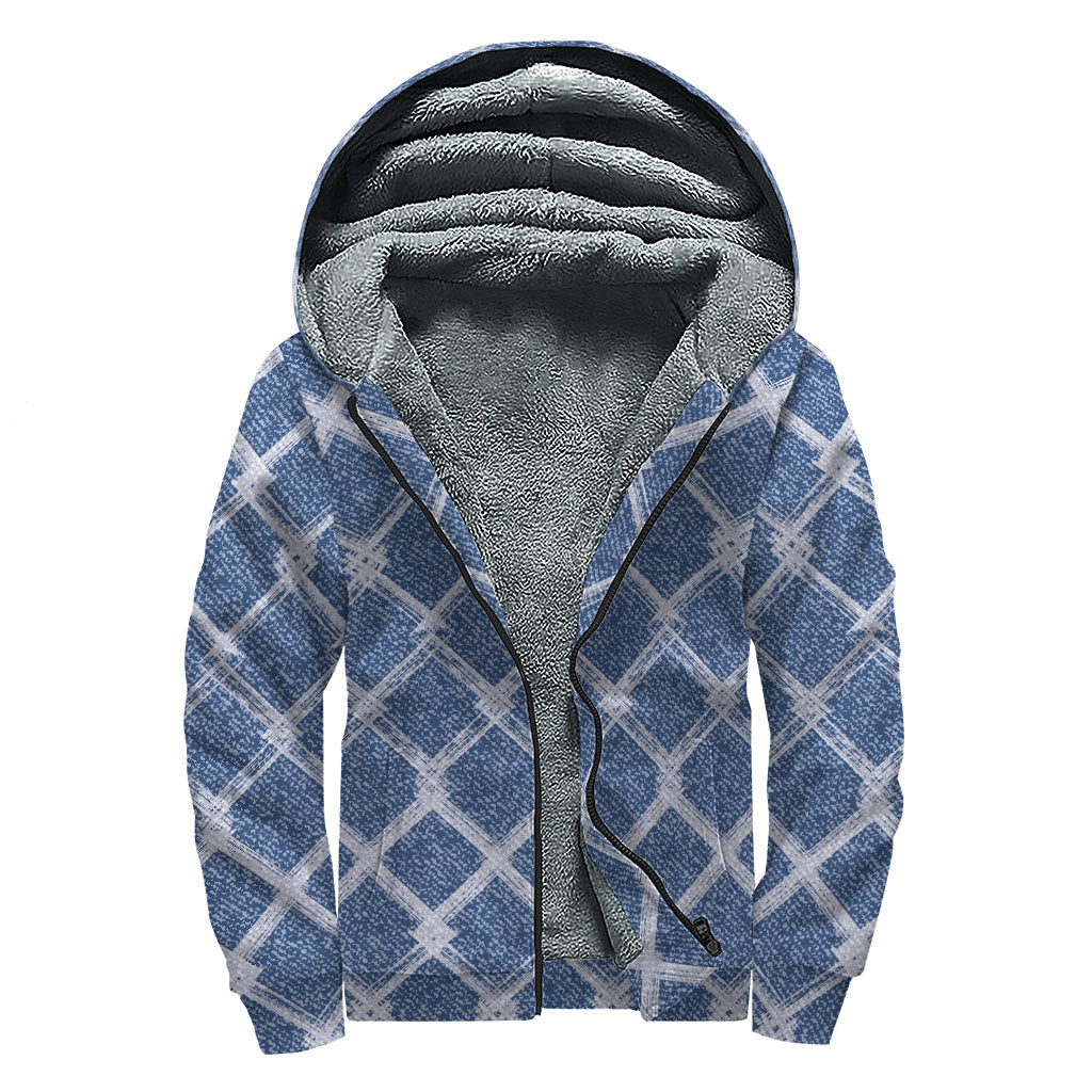 Geometric Denim Jeans Pattern Print Sherpa Lined Zip Up Hoodie: Embrace Your Inner Hippie - 1