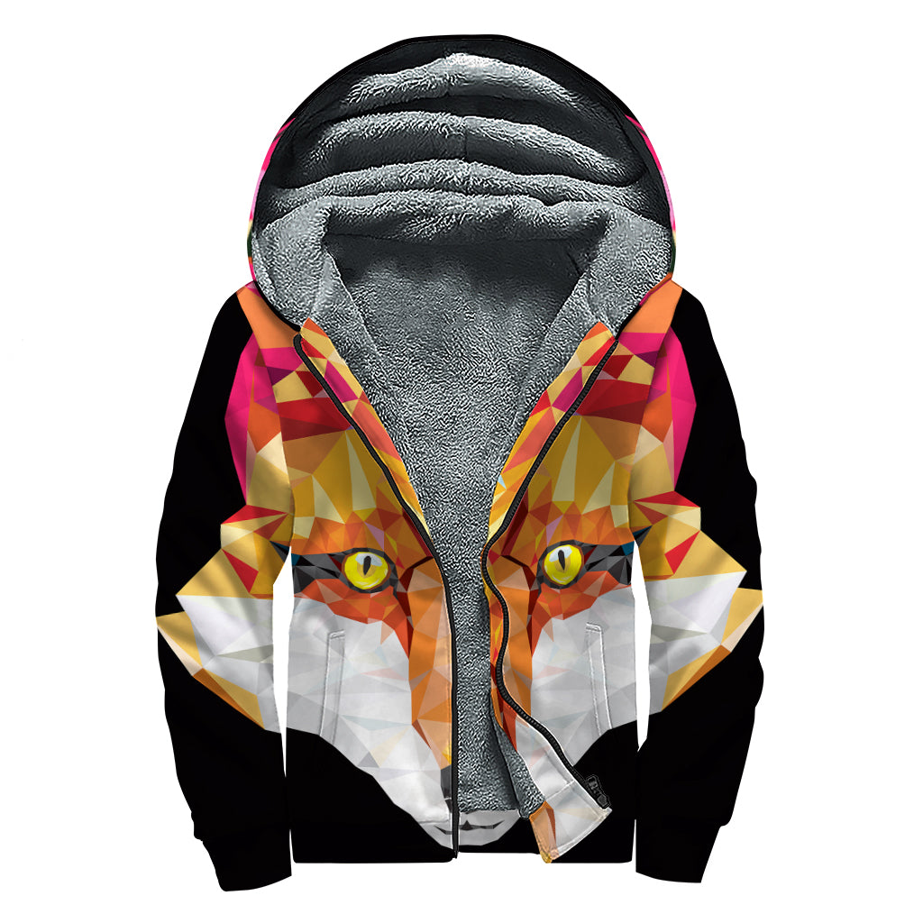 Groovy Geometric Fox Print Sherpa Lined Zip Up Hoodie for Free-Spirited Hippies - 1