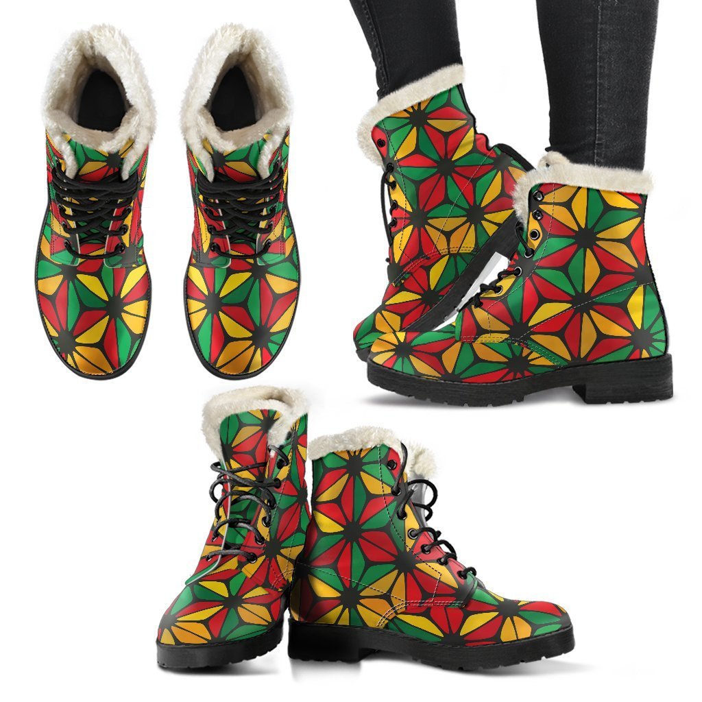 Groovy Geometric Reggae Pattern Faux Fur Leather Boots for Hippies - 2