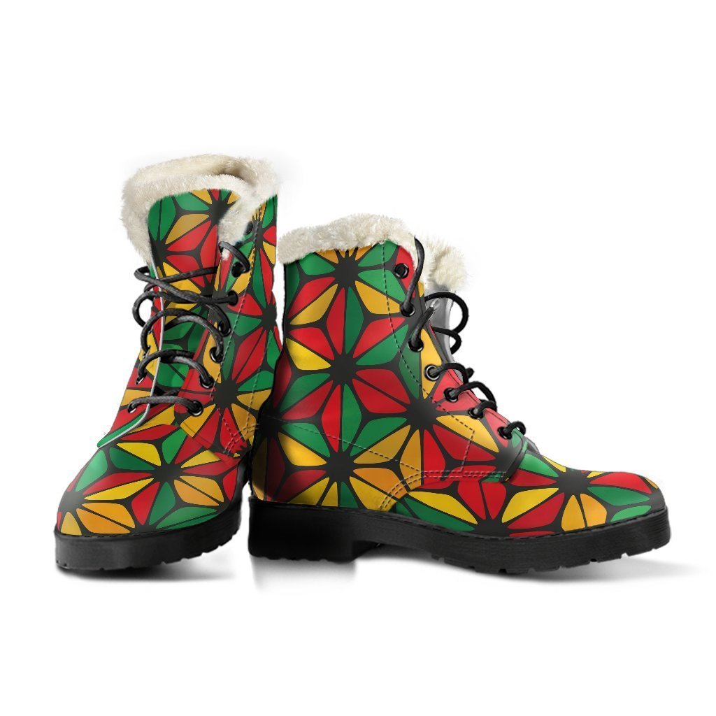 Groovy Geometric Reggae Pattern Faux Fur Leather Boots for Hippies - 3