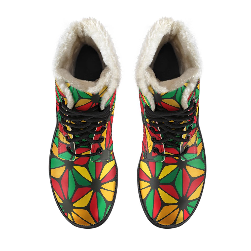 Groovy Geometric Reggae Pattern Faux Fur Leather Boots for Hippies - 4