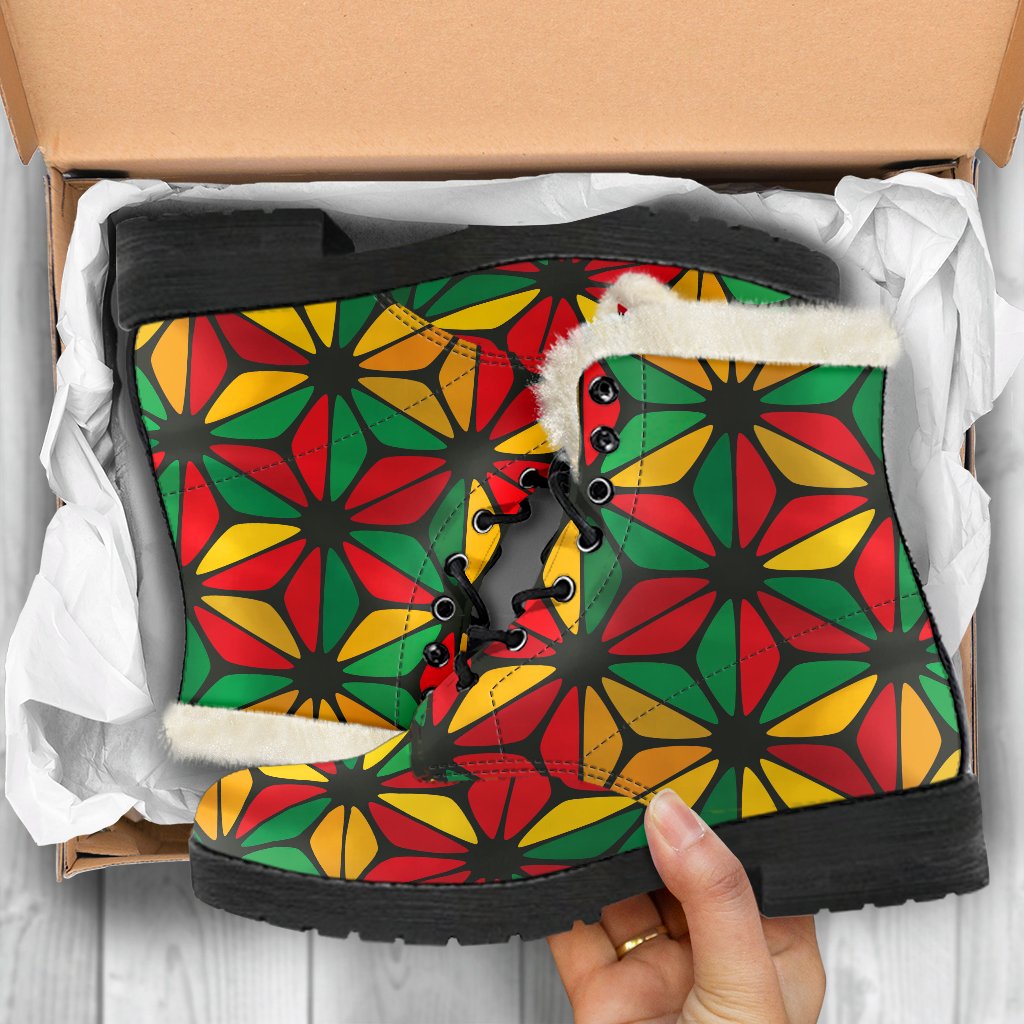 Groovy Geometric Reggae Pattern Faux Fur Leather Boots for Hippies - 5