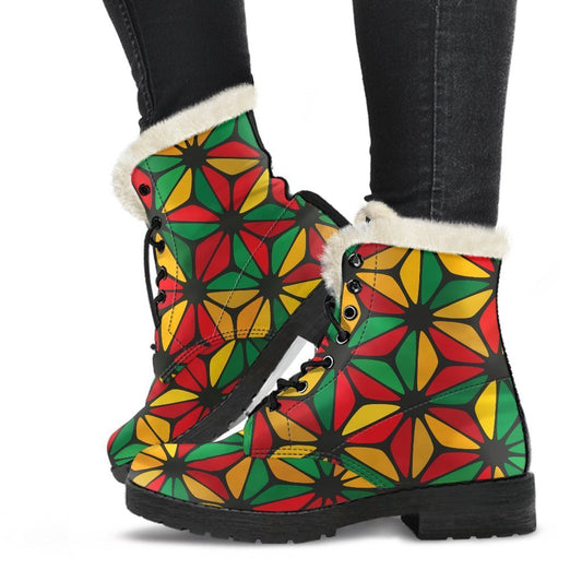 Groovy Geometric Reggae Pattern Faux Fur Leather Boots for Hippies - 1