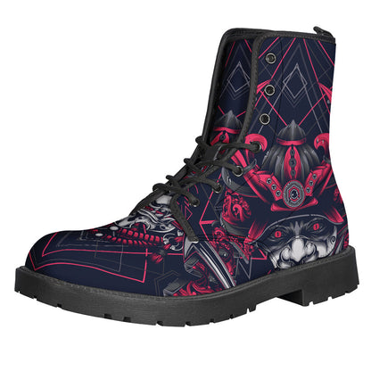 Geometric Samurai Mask Printed Leather Boots: A Hippie's Lightweight and Stylish Choice - 1