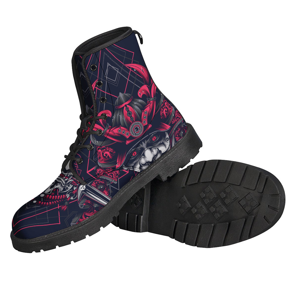 Geometric Samurai Mask Printed Leather Boots: A Hippie's Lightweight and Stylish Choice - 2