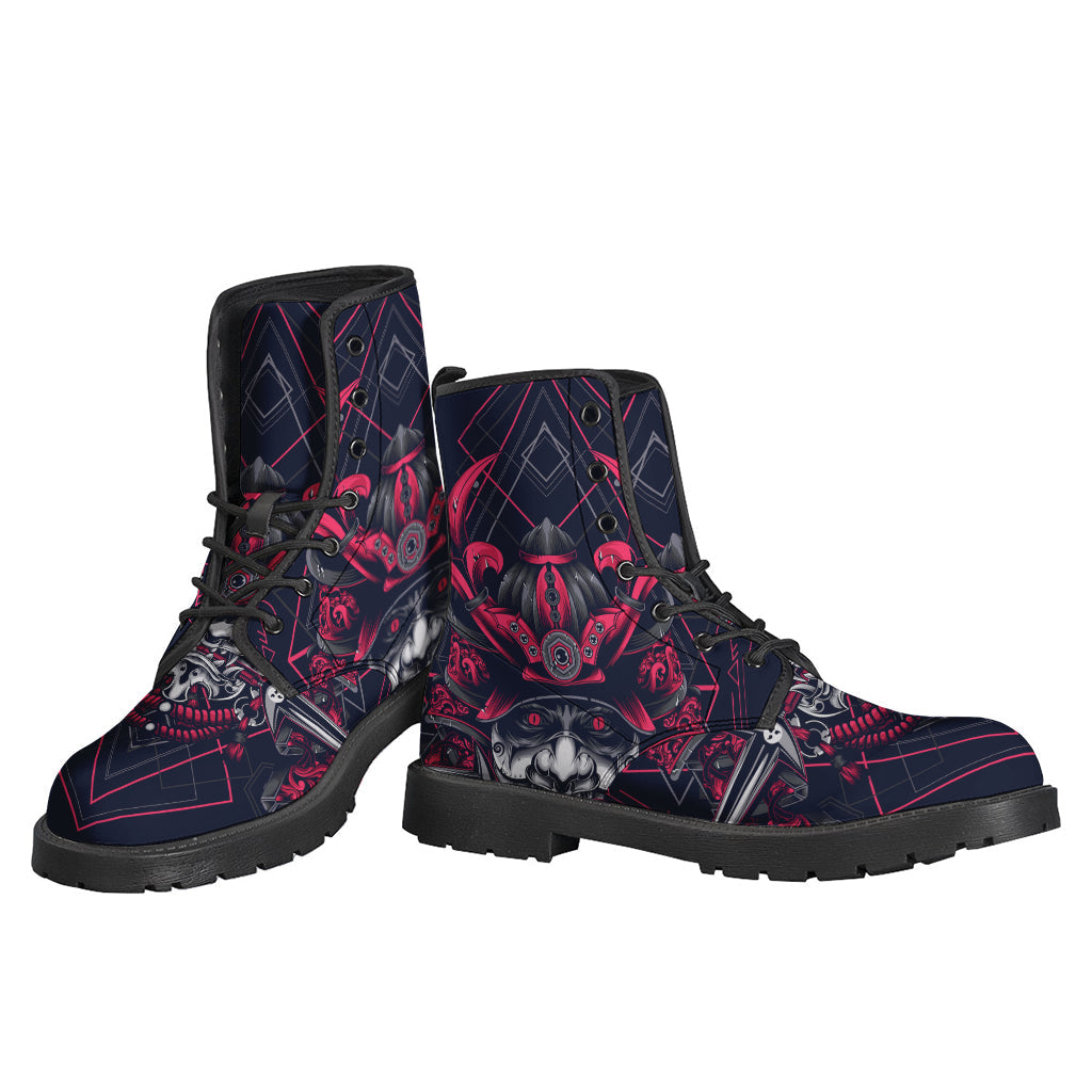 Geometric Samurai Mask Printed Leather Boots: A Hippie's Lightweight and Stylish Choice - 3