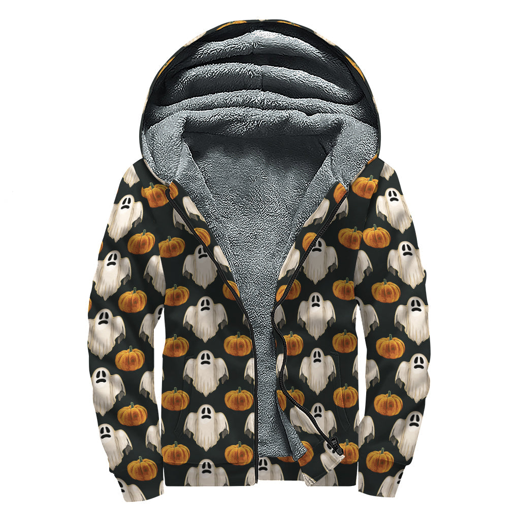 Groovy Ghost and Pumpkin Pattern Sherpa Lined Zip Up Hoodie for the Free-Spirited Hippie - 1