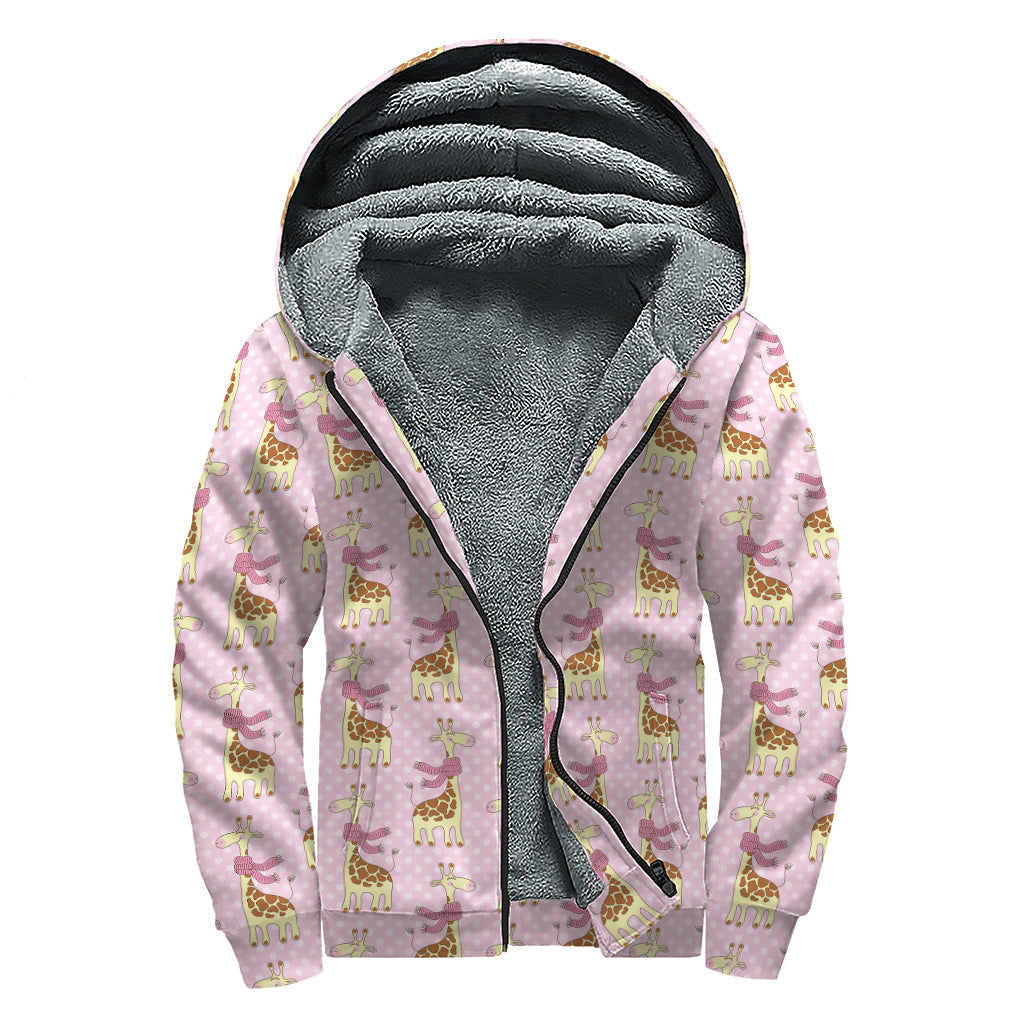 Giraffe with Scarf Pattern Print Hippie Sherpa Lined Zip Up Hoodie - 1