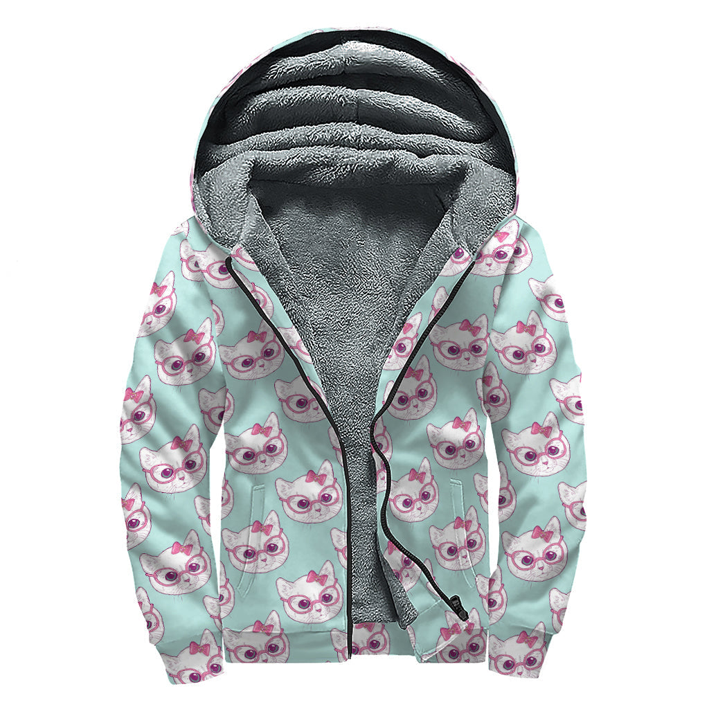 Girly Cat with Glasses Pattern Sherpa Lined Zip Up Hoodie for Free Spirited Hippies - 1