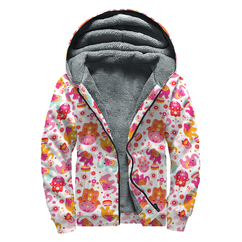 Girly Elephant and Hamsa Pattern Print Sherpa Lined Zip Up Hoodie for Groovy Hippies - 1