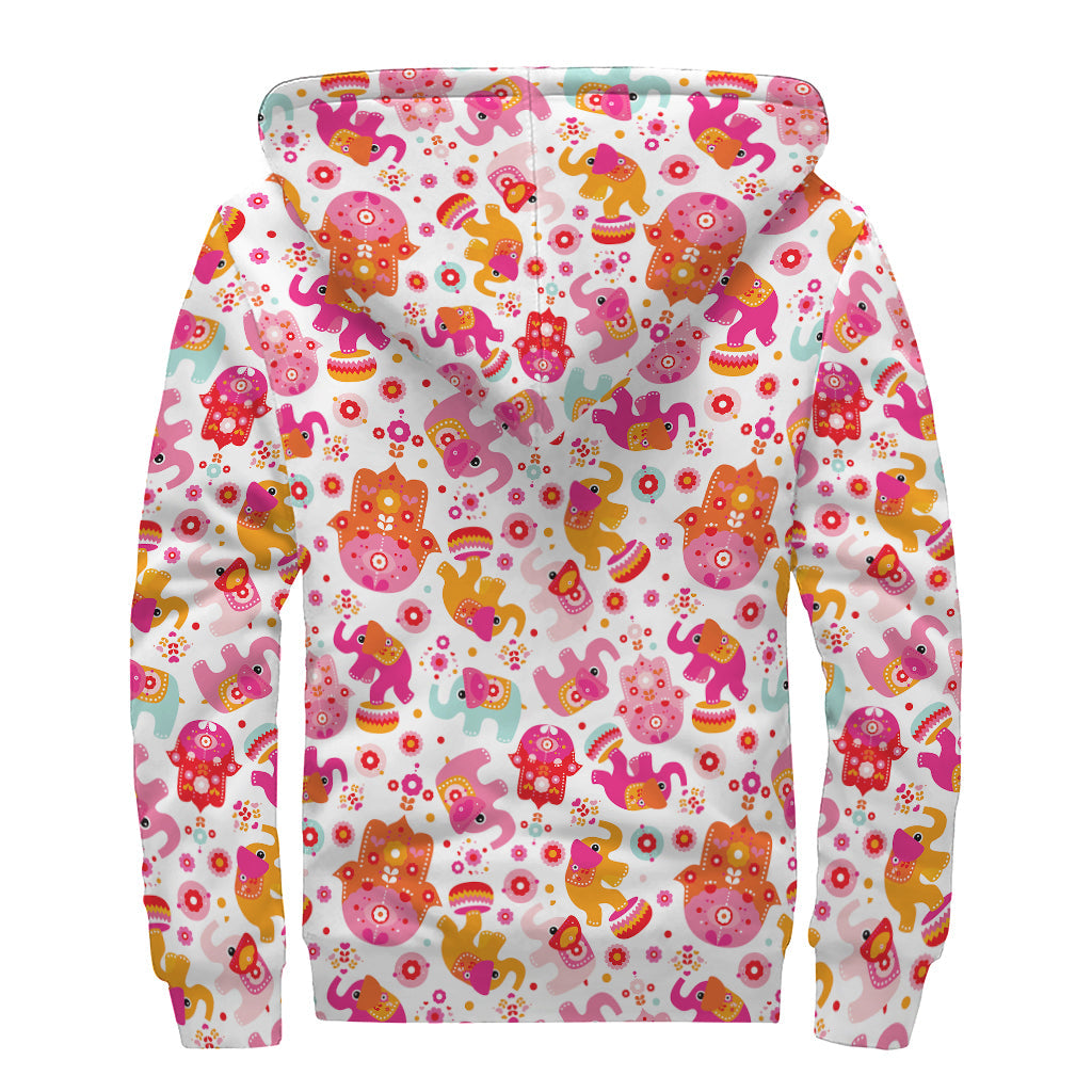 Girly Elephant and Hamsa Pattern Print Sherpa Lined Zip Up Hoodie for Groovy Hippies - 2