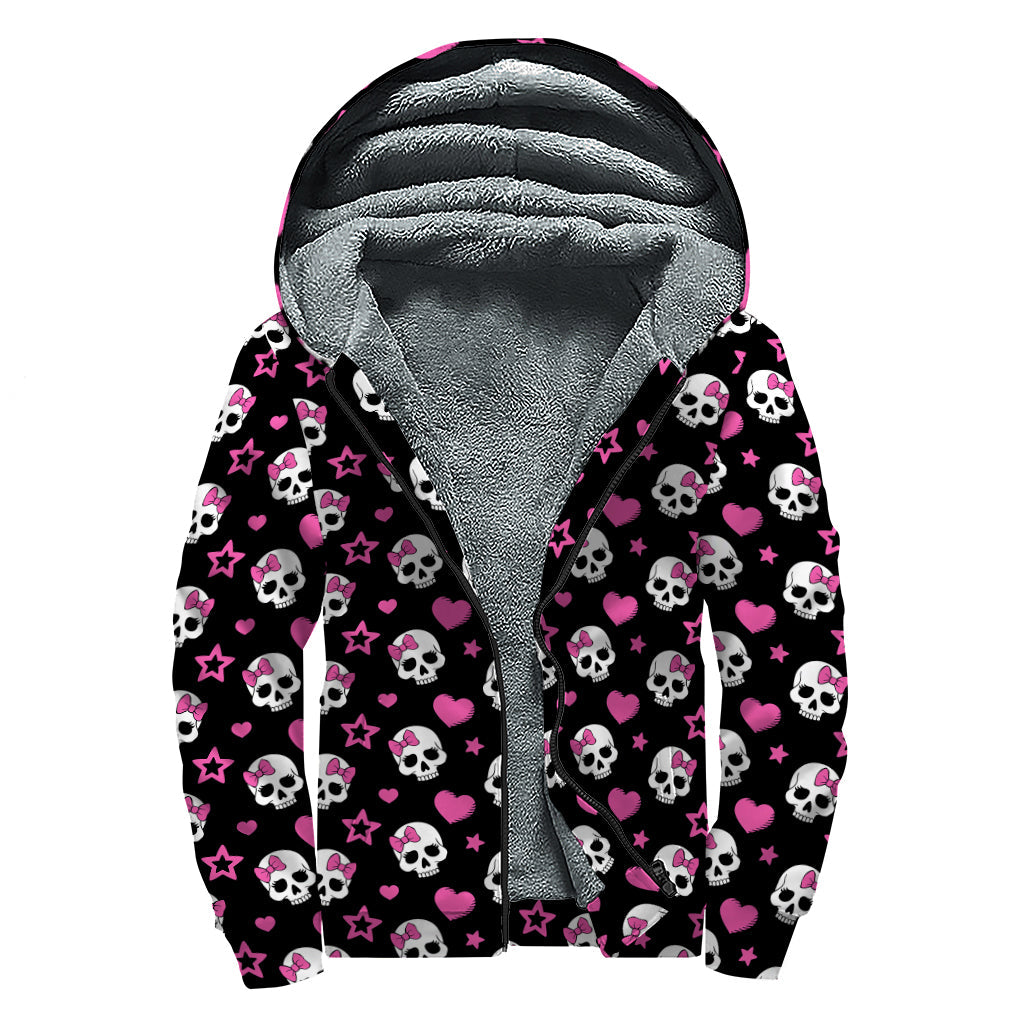 Girly Emo Skull Pattern Print Sherpa Lined Hippie Zip Up Hoodie - 1