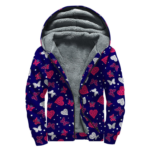 Groovy Girly Heart and Butterfly Pattern Print Sherpa Lined Zip Up Hoodie for Fashionable Hippies - 1