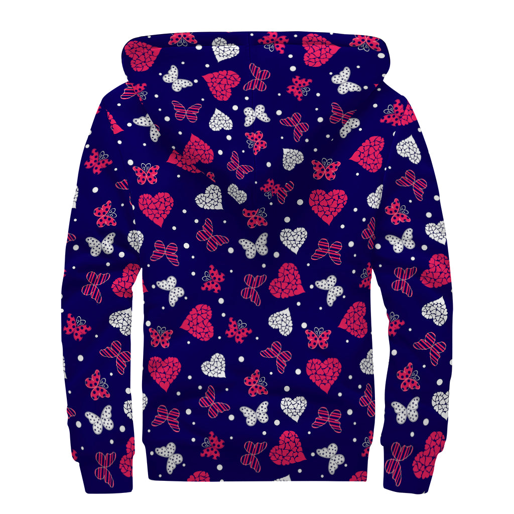 Groovy Girly Heart and Butterfly Pattern Print Sherpa Lined Zip Up Hoodie for Fashionable Hippies - 2